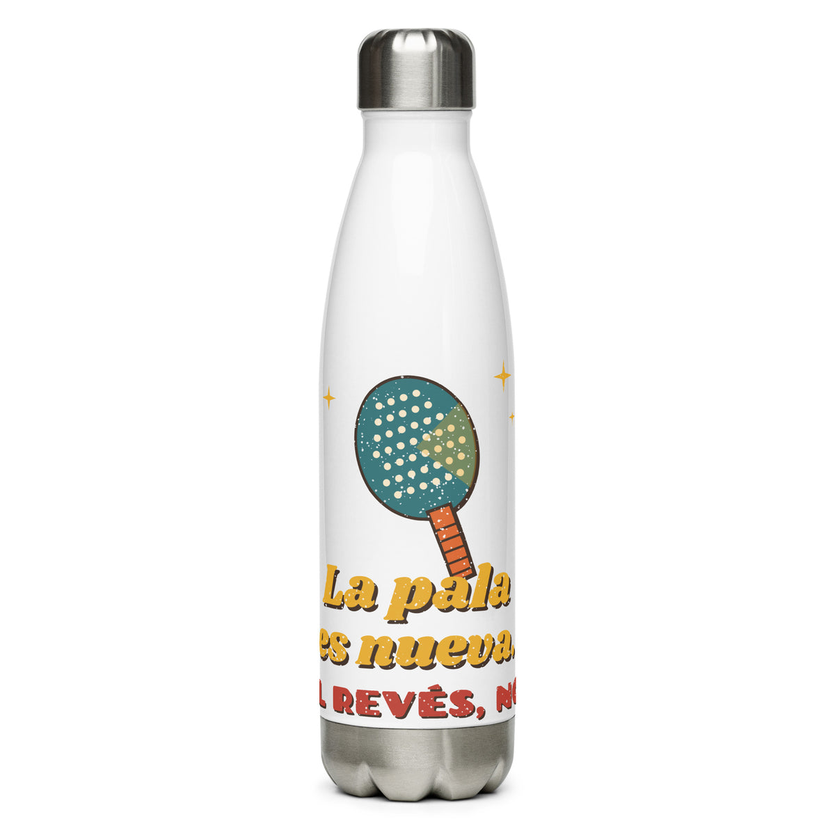 Botella Pádel Retro "La pala es nueva. El revés, no." — vista frontal